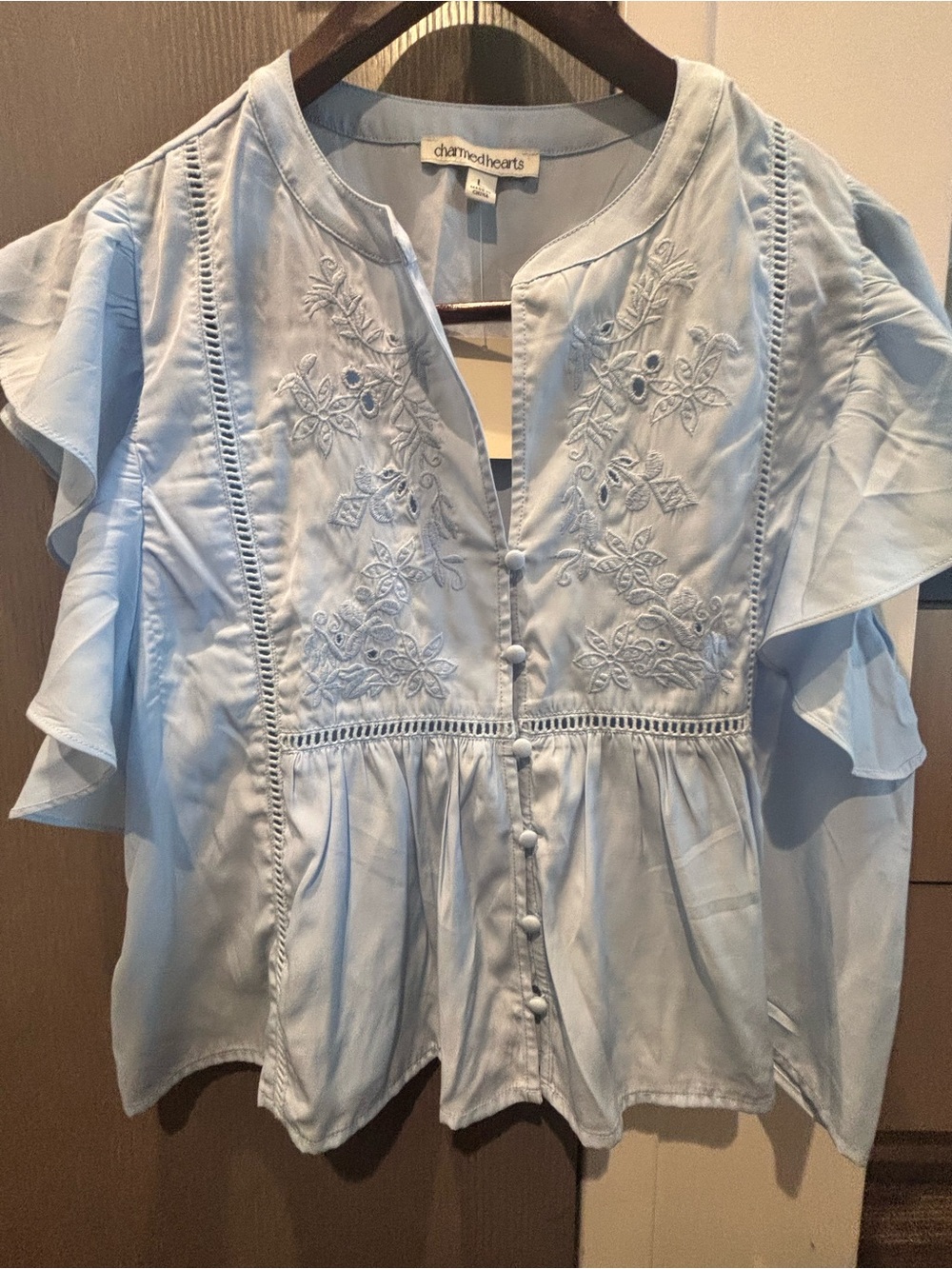Chambray Hearts Light Blue Embroidered Ruffle-Sleeve Blouse